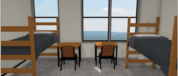 Mock up of bedroom furniture in a Pratt street bedroom.