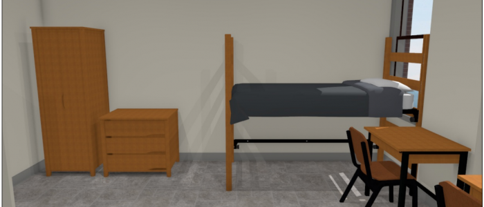 Mock up of bedroom furniture in a Pratt street bedroom.